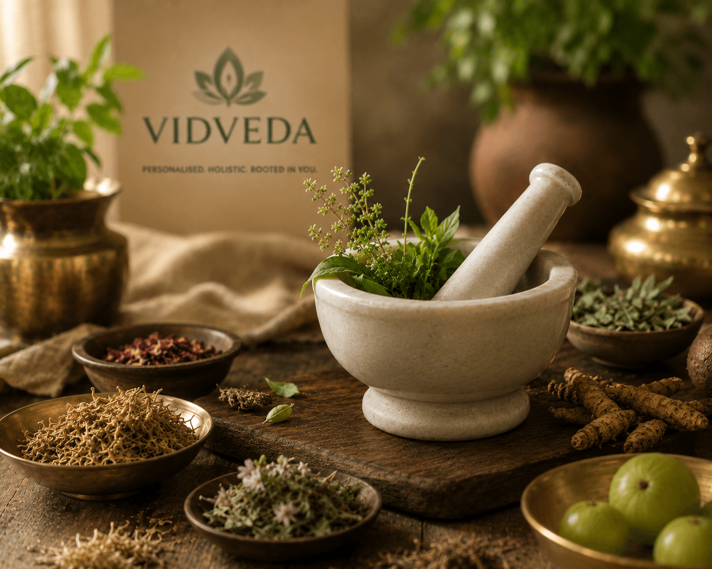 Ayurvedic herbs with a mortar and pestle